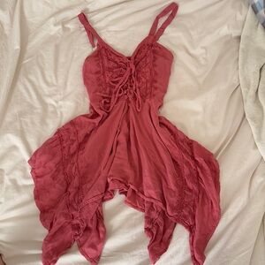 EarthBound- reddish pink front lace up dress